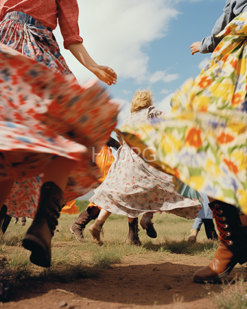 High Resolution: Five women dancing grassy terrain blue sky white clouds colorful floral dresses brown boots skirts flow dynamically low-angle download. | HRJPG.com