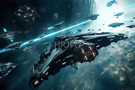 High Resolution: Intense space battle numerous futuristic dark metallic spacecraft flying around Earth orbit cloudy planet backdrop bright sunlight download. | HRJPG.com