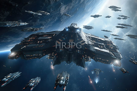 High Resolution: Enormous triangular-shaped spaceship illuminated panels multiple engines flying through space near Earth's curvature smaller spacecrafts fleet formation download. | HRJPG.com