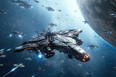 High Resolution: Expansive futuristic space battle scene numerous small spacecraft trailing behind large intricately detailed battleship distant planets blue hues download. | HRJPG.com