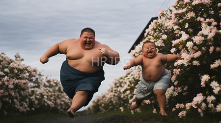 High Resolution: Overweight Asian man toddler shirtless towels running joyfully blooming pink cherry blossom trees overcast skies grassy path download. | HRJPG.com