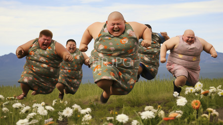 High Resolution: Five obese bald men green floral robes running joyfully open field white orange wildflowers blue sky mountains visible download. | HRJPG.com