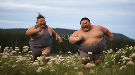 High Resolution: Two obese Asian men running open field white wildflowers grayish-patterned wrap skirts shirtless short black hair joyful expressions download. | HRJPG.com