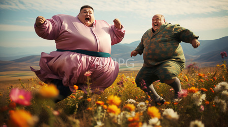 High Resolution: Two obese middle-aged men joyfully running expansive field colorful wildflowers clear skies distant mountains pink satin pajamas teal sash download. | HRJPG.com