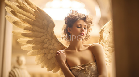 High Resolution: Ethereal curly-haired woman large golden wings closed eyes soft light strapless gown gold accents bare shoulders warm tones download. | HRJPG.com
