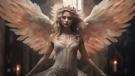 High Resolution: Ethereal fair-skinned woman long wavy blonde hair large white angel wings delicate gold crown intricate silver corset dress download. | HRJPG.com