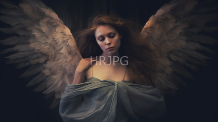 High Resolution: Ethereal young woman long flowing brown hair large feathered wings dark background sheer blue fabric draped slender arms download. | HRJPG.com