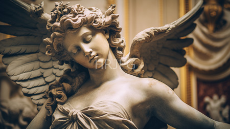 High Resolution: Intricately carved marble statue serene winged female angel curly hair closed eyes draped fabric ornate golden frames download. | HRJPG.com