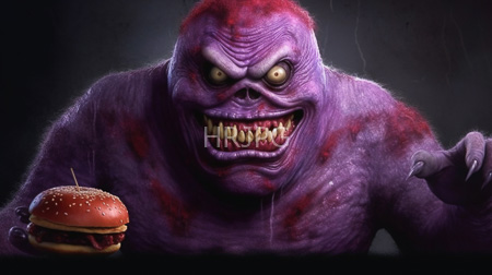 High Resolution: Enraged purple-skinned monster wrinkled skin sharp teeth gripping right fist glaring sesame-seed hamburger dark background eyes bulge download. | HRJPG.com