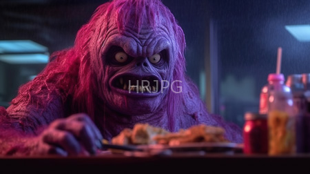 High Resolution: Eerie purple-skinned monster wild hair menacing expression sitting dim-lit diner table blue neon lights sharp teeth bared download. | HRJPG.com