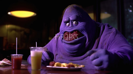 High Resolution: Alien purple skin large eyes exaggerated facial features sitting dim-lit table diner restaurant mouth open wide red gums download. | HRJPG.com