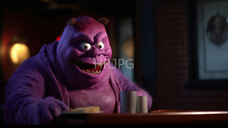 High Resolution: Anthropomorphic purple monster wrinkled skin sharp teeth grinning menacingly at camera large white eyes wide open fur-like texture download. | HRJPG.com