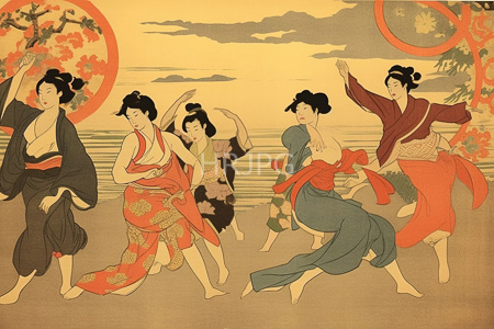 High Resolution: Edo period Japanese woodblock print five women dancing by water sunset sky floral circles dancers traditional kimonos download. | HRJPG.com