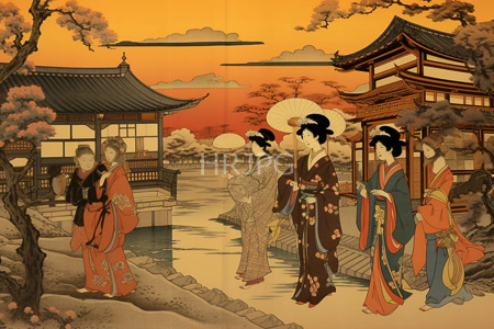 High Resolution: Traditional Japanese ukiyo-e style woodblock print six women elaborate kimonos floral patterns standing by serene pond sunset download. | HRJPG.com