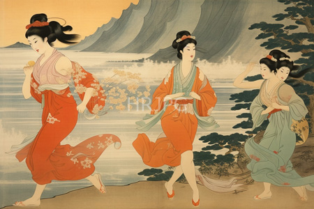 High Resolution: Elegant traditional Japanese woodblock print three women flowing kimonos dancing water's edge sunset sunrise mountains trees behind download. | HRJPG.com