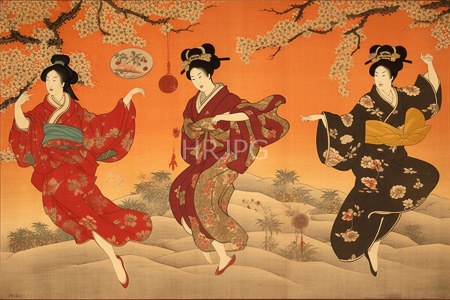 High Resolution: Edo period Japanese woodblock print Utagawa Kuniyoshi three elegant women kimonos dancing against sunset sky cherry blossoms mountains download. | HRJPG.com