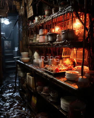 High Resolution: Old dim-lit kitchen rustic wooden shelves ceramic bowls pots earthy tones warm orange light hanging bulbs food download. | HRJPG.com