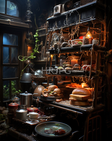 High Resolution: Eclectic dim-lit kitchen rustic charm wooden shelves cluttered vintage cookware plants bread rolls top tiers warm light bulbs download. | HRJPG.com