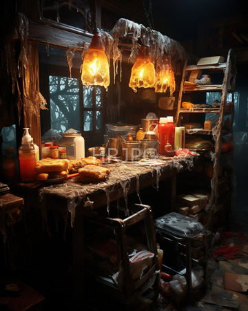 High Resolution: Eerie dim-lit kitchen icicles hanging wooden shelves warm amber pendant lights frost-covered surfaces jars red sauce metal containers download. | HRJPG.com