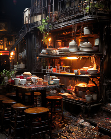 High Resolution: Atmospheric nighttime street food stall rustic charm warm lighting wooden stools tables dishes bowls cups metal shelves download. | HRJPG.com