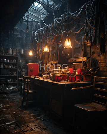 High Resolution: Atmospheric dim-lit workshop rustic charm wooden workbench cluttered red tools jars warm hanging lamps tangled wires download. | HRJPG.com