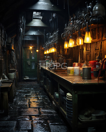 High Resolution: Old dimly lit kitchen rustic wooden walls floors water droplets reflecting warm light hanging lamps metal pots shelves download. | HRJPG.com