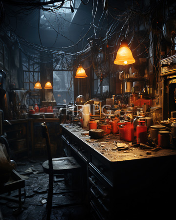 High Resolution: Old cluttered workshop dim light three warm orange hanging lamps dark wooden workbench scattered tools red containers tangled wires download. | HRJPG.com