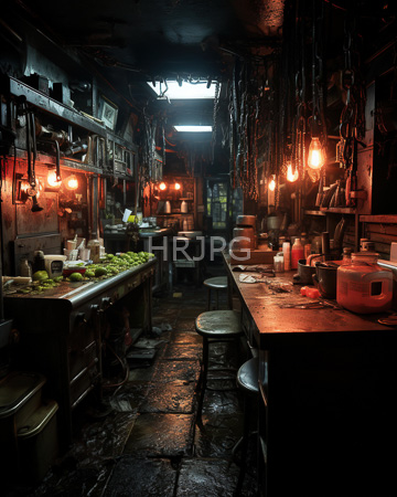 High Resolution: Atmospheric dim-lit kitchen rustic charm industrial elements warm orange light bulbs dark wooden beams stone tiles metal counter download. | HRJPG.com