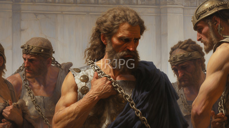 High Resolution: Muscular bearded men ancient Greek armor chain necklaces bronze helmets central figure long brown hair intense expression download. | HRJPG.com