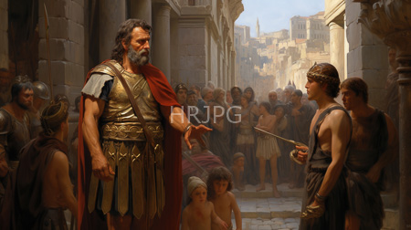 High Resolution: Ancient Greek city street scene muscular bearded older man gold armor red cloak addressing young male musician crowd download. | HRJPG.com