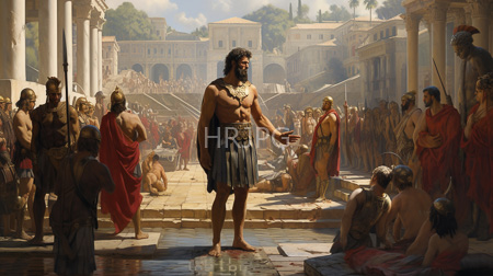 High Resolution: Ancient Greek city square tall white columns crowded by diverse men red brown togas leather armor central figure download. | HRJPG.com