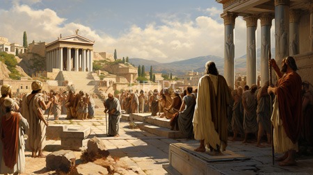 High Resolution: Ancient Greek cityscape numerous men women traditional draped clothing gathered stone steps grand columns one man speaking download. | HRJPG.com