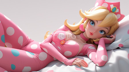 High Resolution: Princess Peach Mario lying side in bed white sheets pink polka-dotted pajamas large breasts blonde hair blue eyes download. | HRJPG.com
