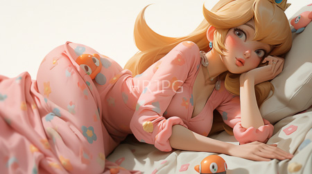 High Resolution: Princess Peach Mario lying side in bed pink pajamas cartoon bird patterns orange birds design long blonde hair blue eyes download. | HRJPG.com
