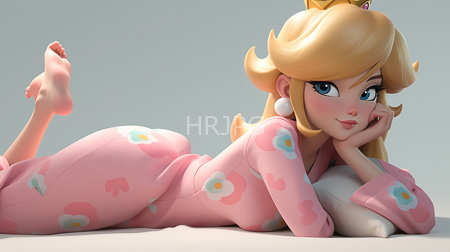 High Resolution: Princess Peach Mario lying stomach hand under chin legs bent at knees pink floral kimono blonde hair blue eyes download. | HRJPG.com