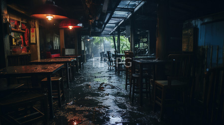 High Resolution: Abandoned dim-lit bar wet cracked concrete floors reflecting light red-hued ceiling lamps dark wooden tables chairs misty greenery download. | HRJPG.com