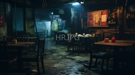 High Resolution: Abandoned dimly-lit restaurant worn wooden tables chairs scattered dirty floor small yellow cups fluorescent light blueish shadows download. | HRJPG.com