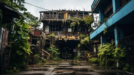 High Resolution: Overgrown two-story building weathered wooden balconies vines covering parts lush greenery dark entrance door adjacent blue-painted house download. | HRJPG.com