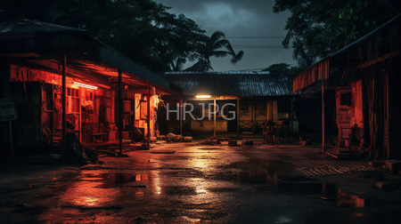 High Resolution: Atmospheric rain-soaked village night dim red yellow lights rustic wooden shacks wet ground reflects light neon signs download. | HRJPG.com
