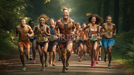 High Resolution: Diverse runners colorful tribal-style athletic wear bibs forest trail central bearded man muscular build leads smiling group download. | HRJPG.com