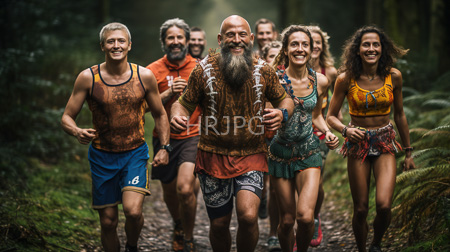 High Resolution: Seven diverse runners three women four men varying ages outdoor forest setting muddy path central bald man long beard download. | HRJPG.com