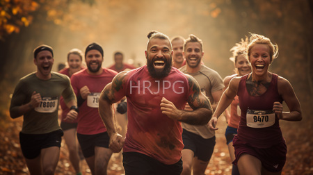 High Resolution: Diverse runners muscular bearded man top bun red shirt tattooed arms leading group smiling blonde woman maroon tank-top download. | HRJPG.com