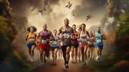 High Resolution: Diverse runners men women various ethnicities muscular builds colorful athletic wear ethereal forest path misty smoke cloudy skies download. | HRJPG.com
