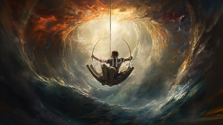 High Resolution: Ethereal young boy short brown hair dark clothes holding two thin ropes circular wooden swings swirling clouds fiery orange-red light download. | HRJPG.com