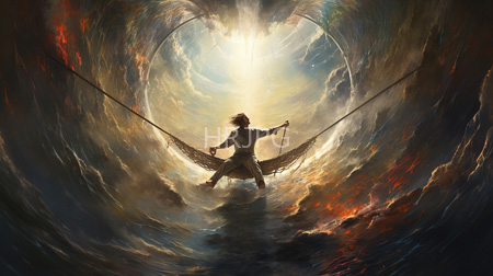 High Resolution: Fantasy androgynous figure tousled hair loose white clothing standing front of two large nets floating swirling clouds bright sunlight download. | HRJPG.com