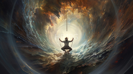 High Resolution: Ethereal swirling vortex dark light clouds orange-brown hues surrounding center silhouetted figure facing away arms raised holding ropes download. | HRJPG.com