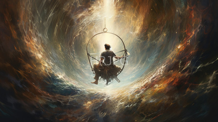 High Resolution: Fantasy individual dark hair tattered clothing seated circular swing suspended by ropes space-like swirling clouds light brown orange blue download. | HRJPG.com
