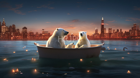 High Resolution: Two polar bears sitting empty small boat calm water dusk floating candles city skyline New York illuminated by sunset download. | HRJPG.com