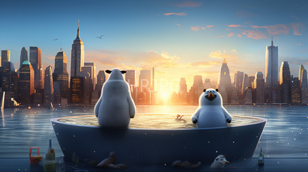 High Resolution: Two anthropomorphic penguins one larger white black ears smaller expressive face sit side by side inflatable boat sunset download. | HRJPG.com