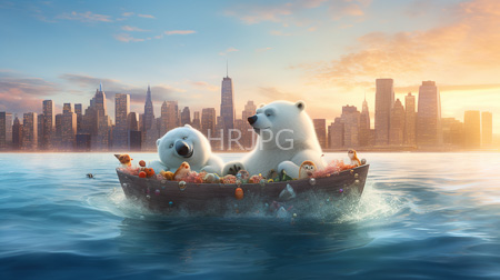 High Resolution: Two anthropomorphic polar bears ornate wooden boat colorful flowers floating calm water sunset New York City skyline download. | HRJPG.com